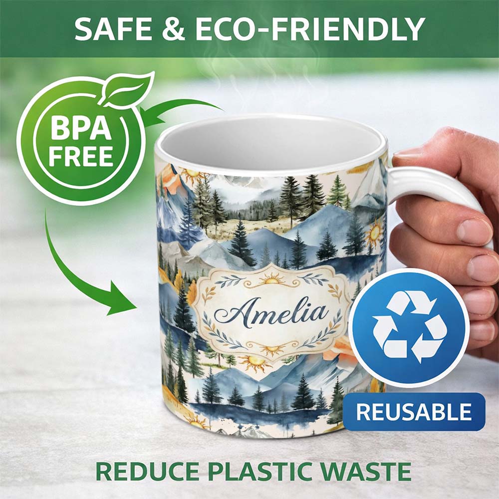 Personalized Custom Name Watercolor Mountain Forest Pine Trees Scenic Soft Neutral 11oz Ceramic Coffee Tea Mug White Large Handle