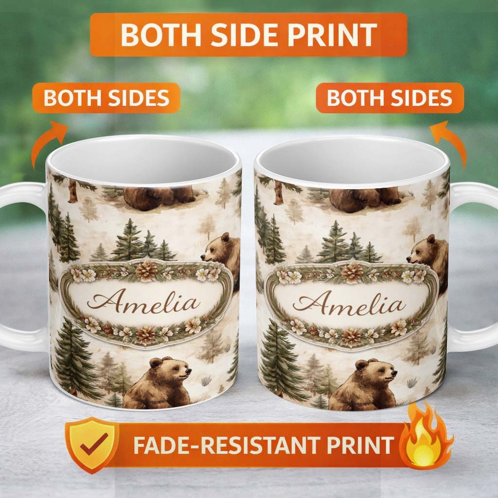 Personalized Custom Name Bear Portrait Circle Seamless Pattern Dark Rustic Wildlife Design 11oz Ceramic Coffee Tea Mug White Large Handle