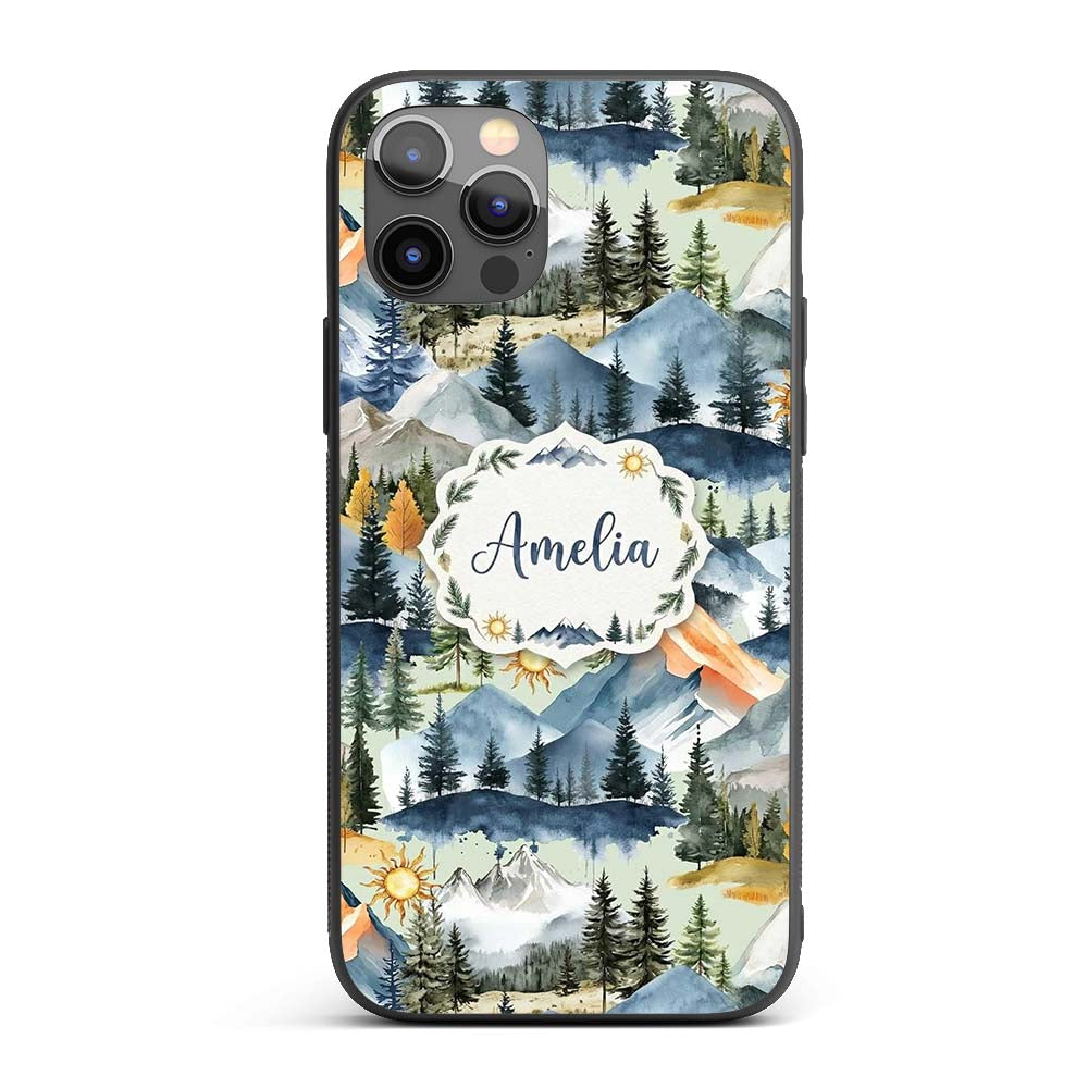 Watercolor Mountain Forest Pine Trees Scenic Sage Custom Name Protective Phone Case Mobile Cover Durable Everyday Smartphone Shock Resistant