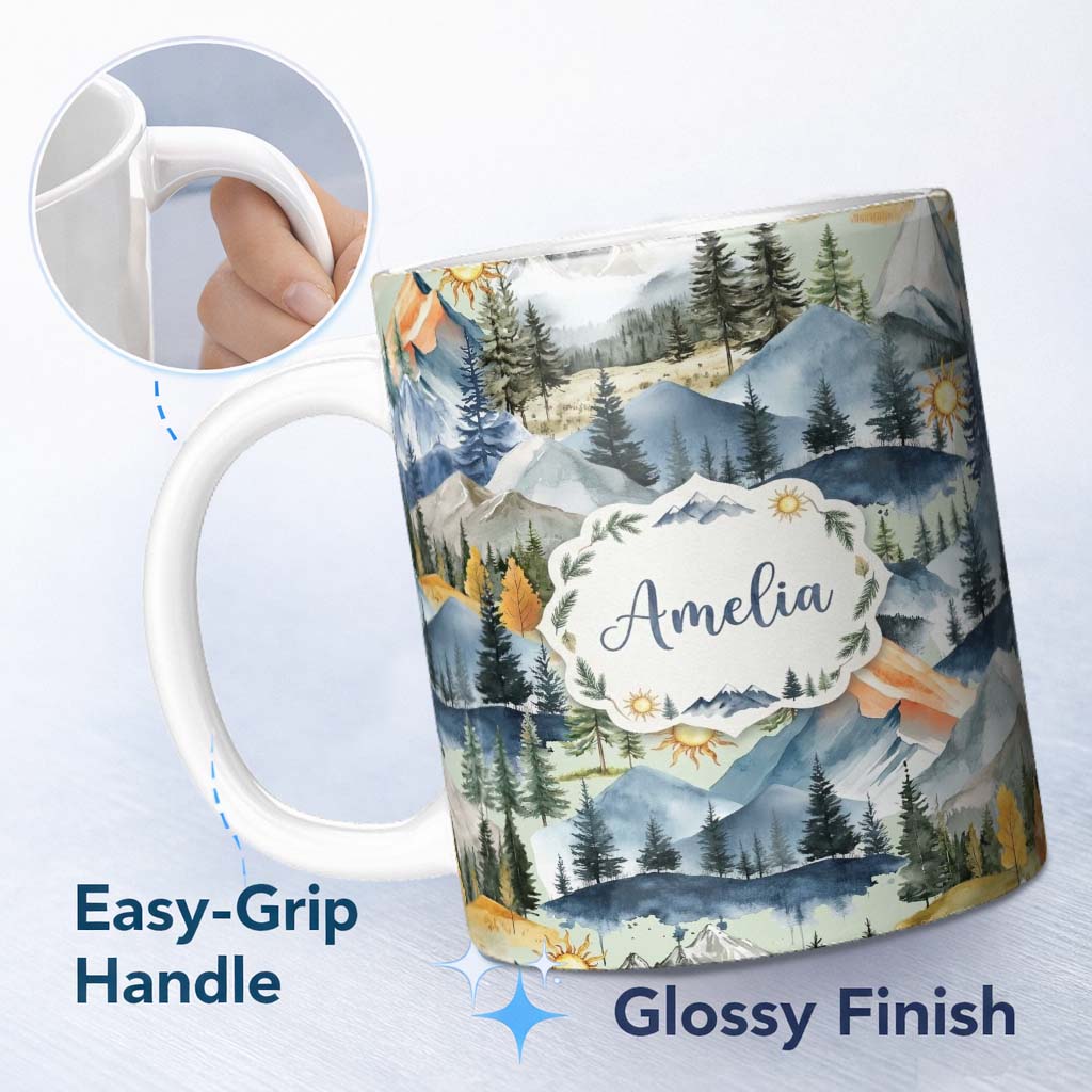 Personalized Custom Name Watercolor Mountain Forest Pine Trees Scenic Sage Green Background 11oz Ceramic Coffee Tea Mug White Large Handle