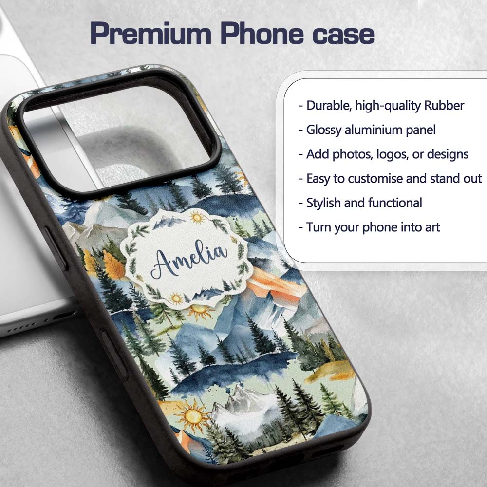 Watercolor Mountain Forest Pine Trees Scenic Sage Custom Name Protective Phone Case Mobile Cover Durable Everyday Smartphone Shock Resistant