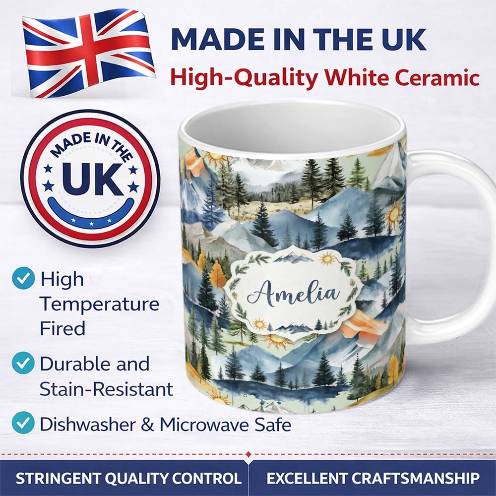 Personalized Custom Name Watercolor Mountain Forest Pine Trees Scenic Sage Green Background 11oz Ceramic Coffee Tea Mug White Large Handle