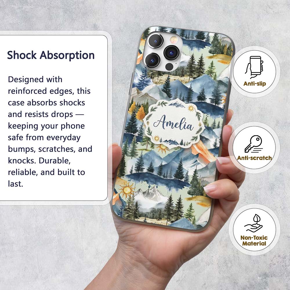Watercolor Mountain Forest Pine Trees Scenic Sage Custom Name Protective Phone Case Mobile Cover Durable Everyday Smartphone Shock Resistant