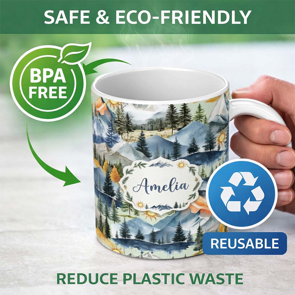 Personalized Custom Name Watercolor Mountain Forest Pine Trees Scenic Sage Green Background 11oz Ceramic Coffee Tea Mug White Large Handle