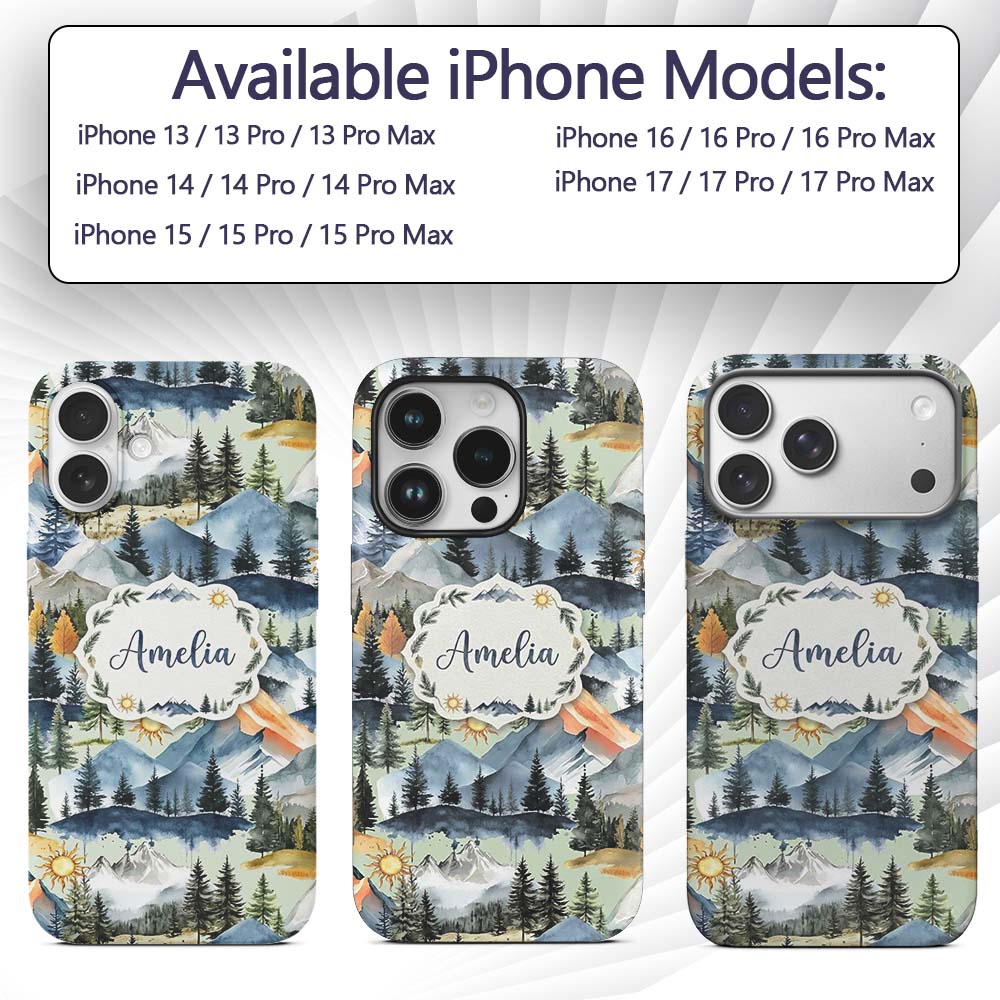 Watercolor Mountain Forest Pine Trees Scenic Sage Custom Name Protective Phone Case Mobile Cover Durable Everyday Smartphone Shock Resistant