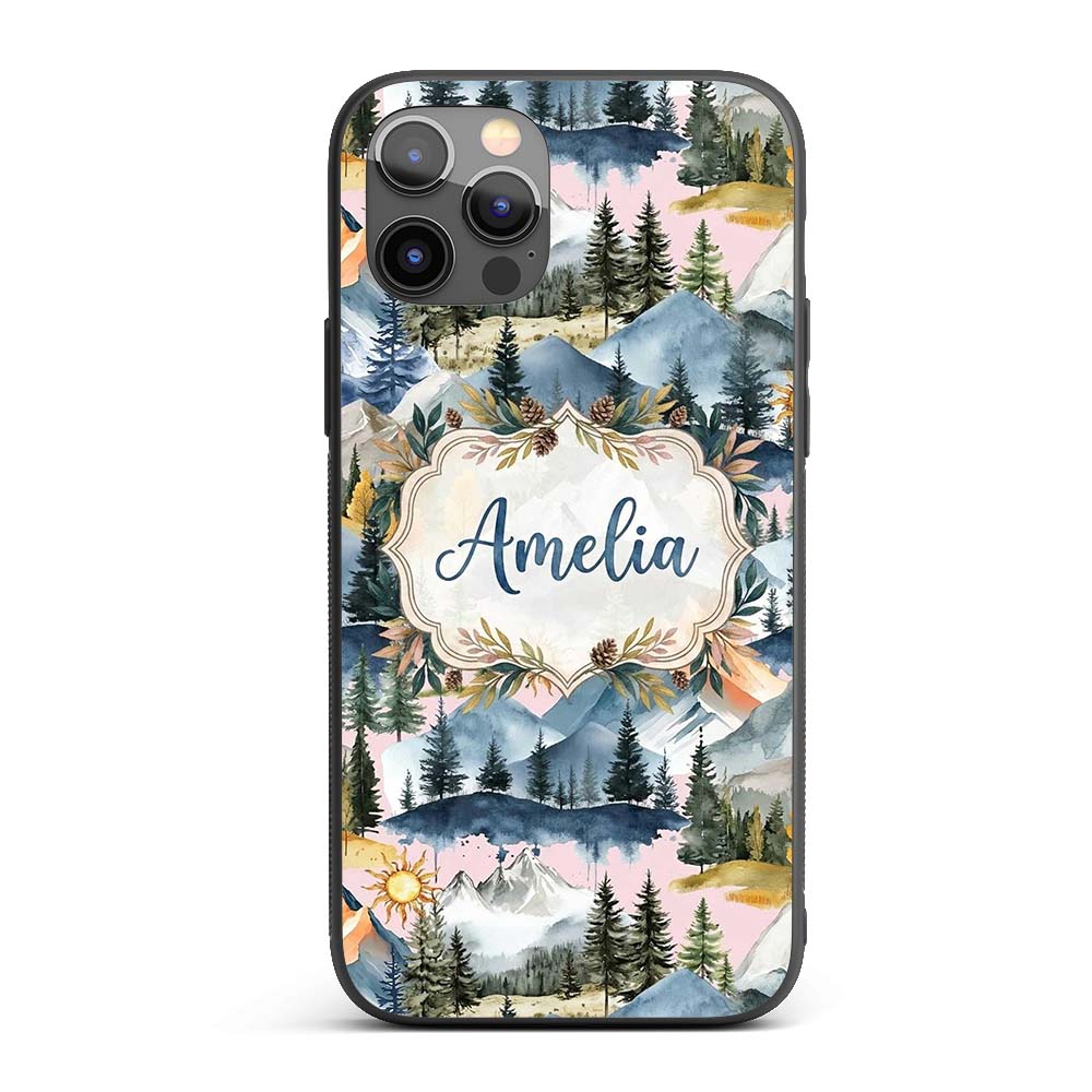 Watercolor Mountain Forest Pine Trees Scenic Custom Name Protective Phone Case Mobile Cover Durable Everyday Smartphone Shock Resistant