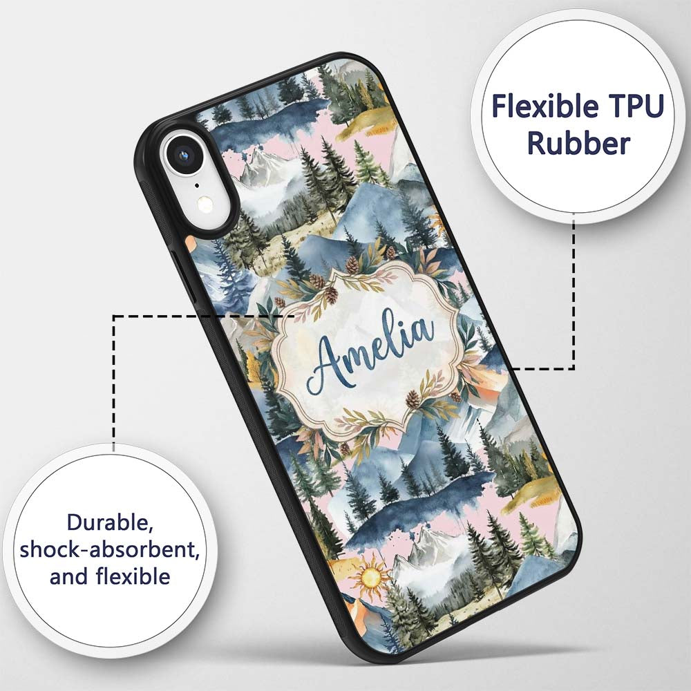 Watercolor Mountain Forest Pine Trees Scenic Custom Name Protective Phone Case Mobile Cover Durable Everyday Smartphone Shock Resistant