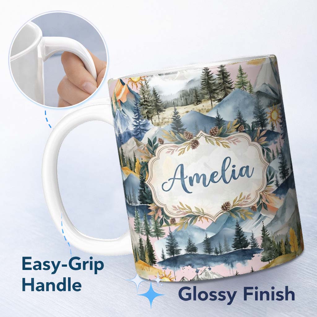 Personalized Custom Name Watercolor Mountain Forest Pine Trees Scenic Blush Pink Background 11oz Ceramic Coffee Tea Mug White Large Handle