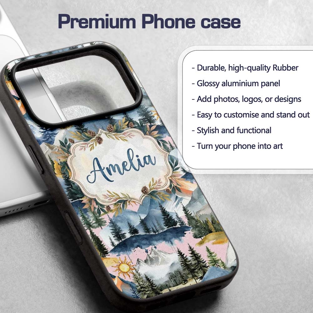 Watercolor Mountain Forest Pine Trees Scenic Custom Name Protective Phone Case Mobile Cover Durable Everyday Smartphone Shock Resistant