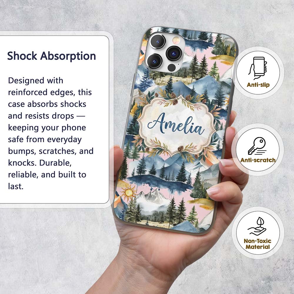 Watercolor Mountain Forest Pine Trees Scenic Custom Name Protective Phone Case Mobile Cover Durable Everyday Smartphone Shock Resistant