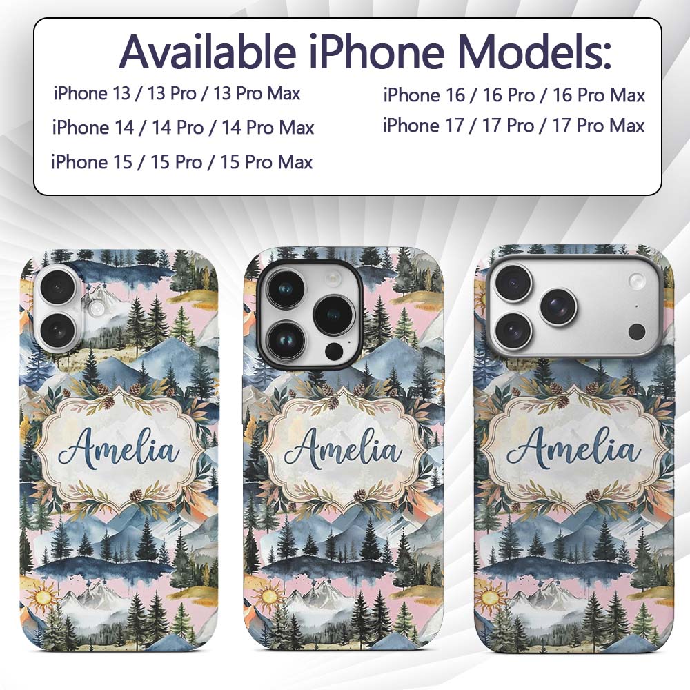 Watercolor Mountain Forest Pine Trees Scenic Custom Name Protective Phone Case Mobile Cover Durable Everyday Smartphone Shock Resistant