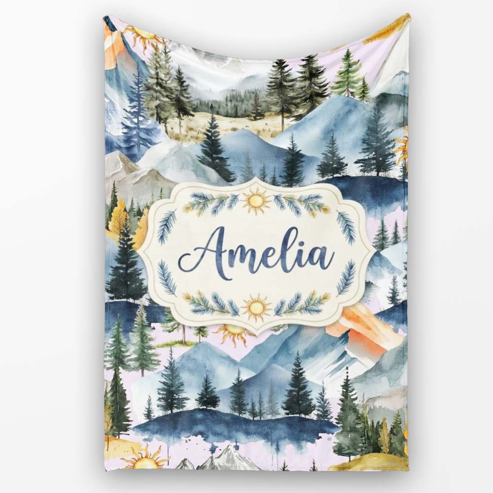 Watercolor Mountain Forest Pine Trees Scenic Cool Grey Background Personalised Custom Name Super Soft Fleece Blanket Bed Sofa Throw