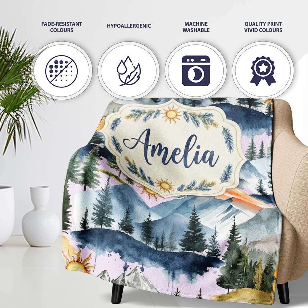 Watercolor Mountain Forest Pine Trees Scenic Cool Grey Background Personalised Custom Name Super Soft Fleece Blanket Bed Sofa Throw
