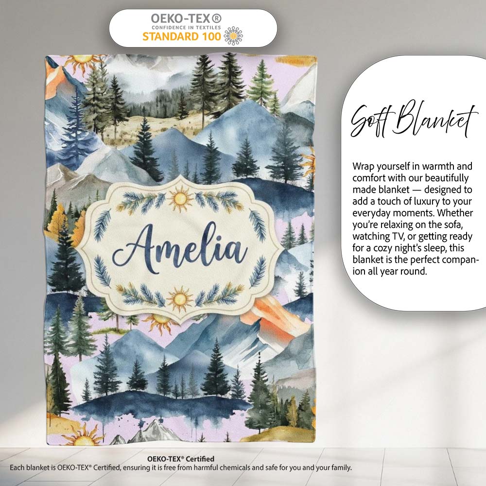 Watercolor Mountain Forest Pine Trees Scenic Cool Grey Background Personalised Custom Name Super Soft Fleece Blanket Bed Sofa Throw