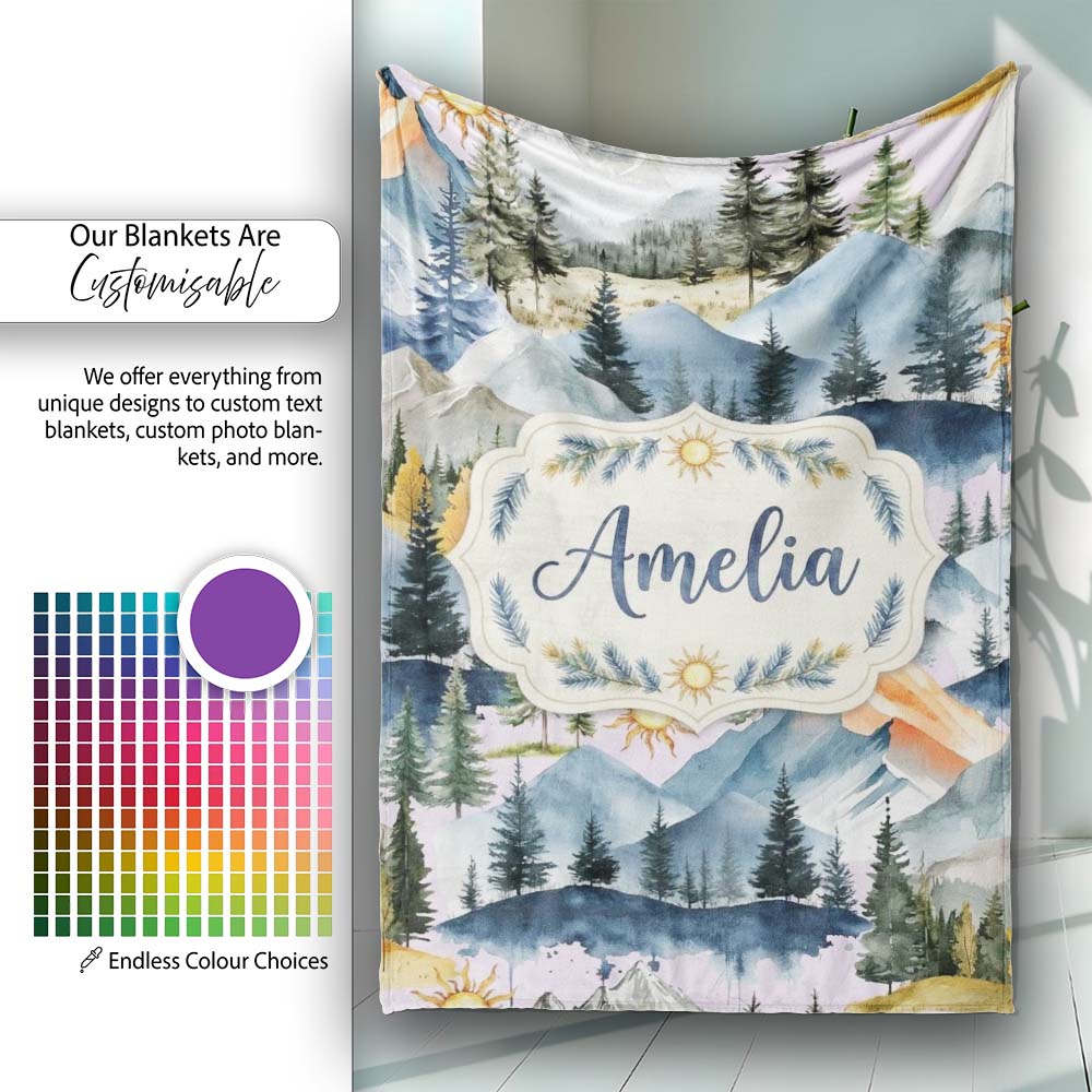Watercolor Mountain Forest Pine Trees Scenic Cool Grey Background Personalised Custom Name Super Soft Fleece Blanket Bed Sofa Throw