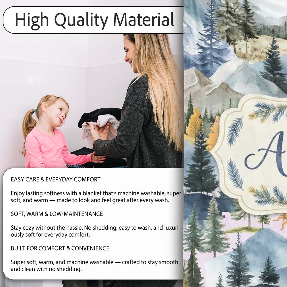 Watercolor Mountain Forest Pine Trees Scenic Cool Grey Background Personalised Custom Name Super Soft Fleece Blanket Bed Sofa Throw