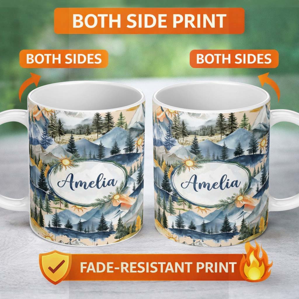 Personalized Custom Name Abstract Geometric Curved Shapes Warm Color Blocks Seamless Pattern 11oz Ceramic Coffee Tea Mug White Large Handle
