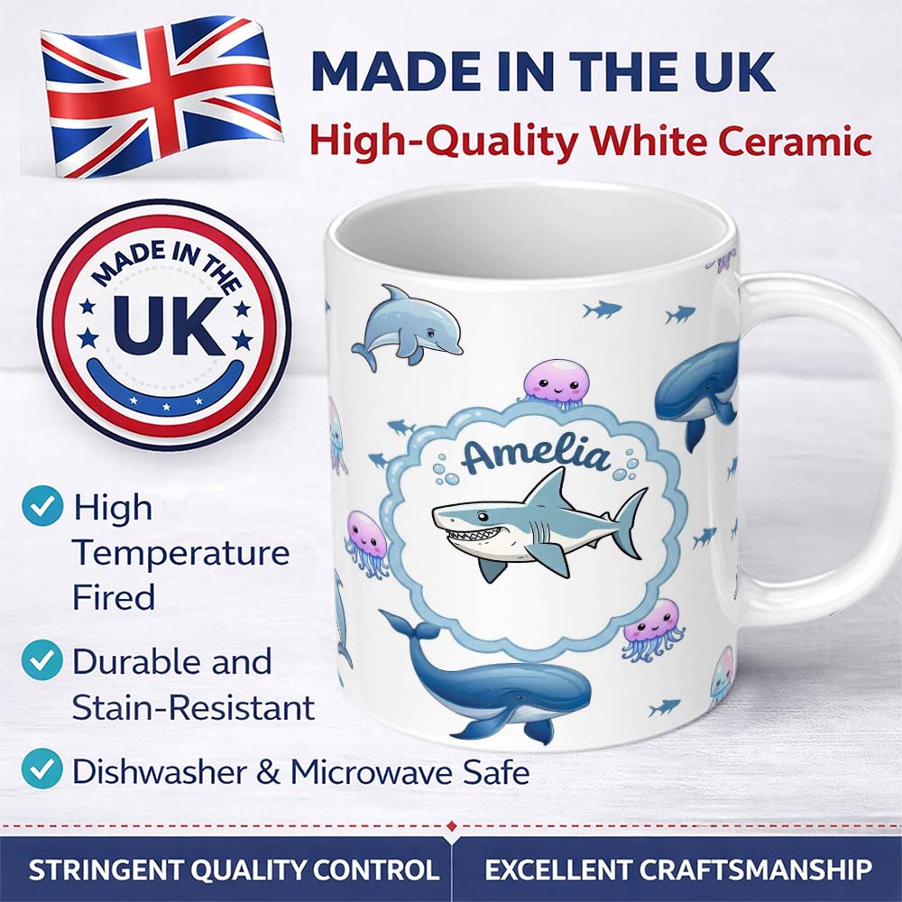 Personalized Custom Name Cute Dolphin Shark and Jellyfish Ocean Animals Light Grey Background 11oz Ceramic Coffee Tea Mug White Large Handle