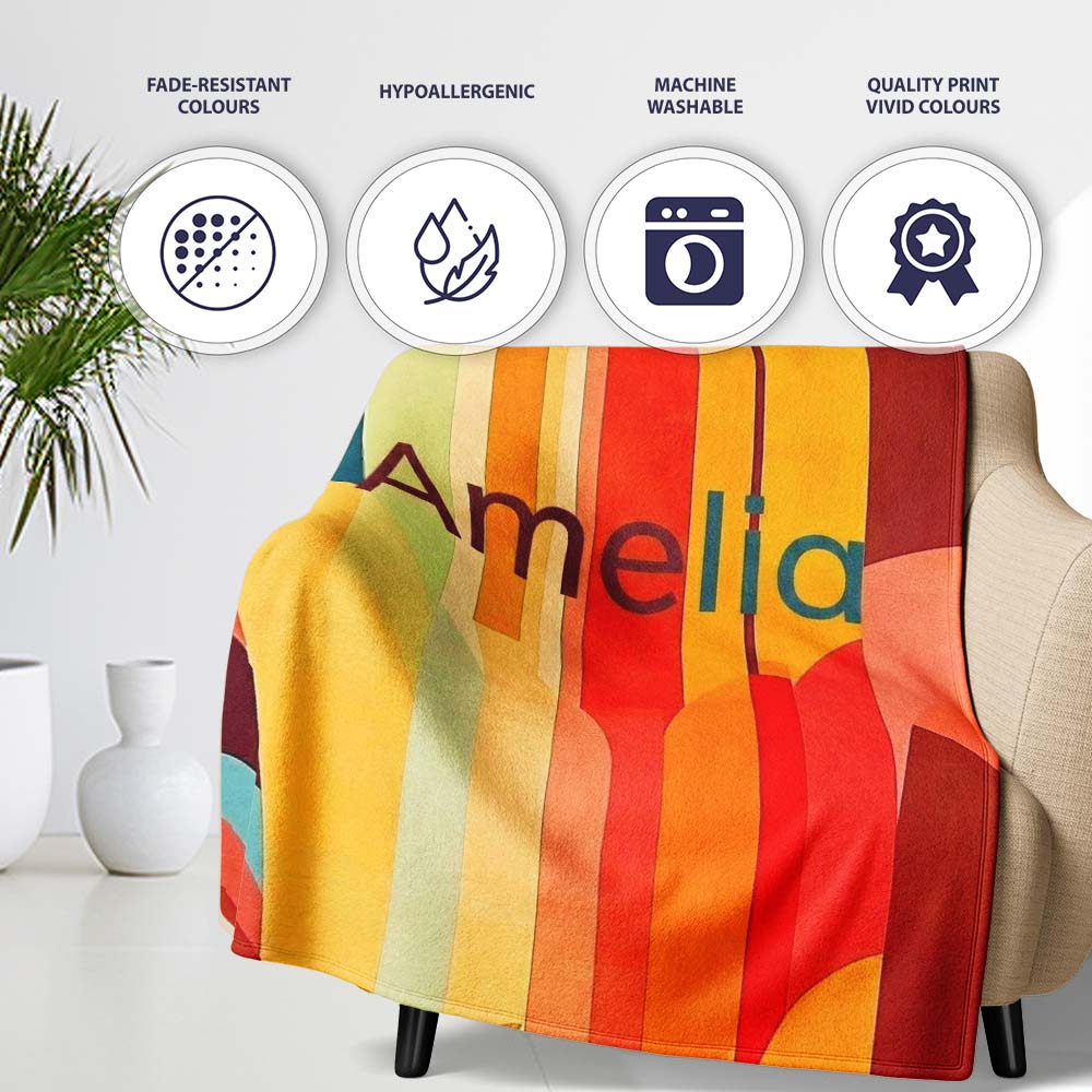 Abstract Geometric Curved Shape Vibrant Color Composition Seamless Personalised Custom Name Super Soft Fleece Blanket Bed Sofa Throw