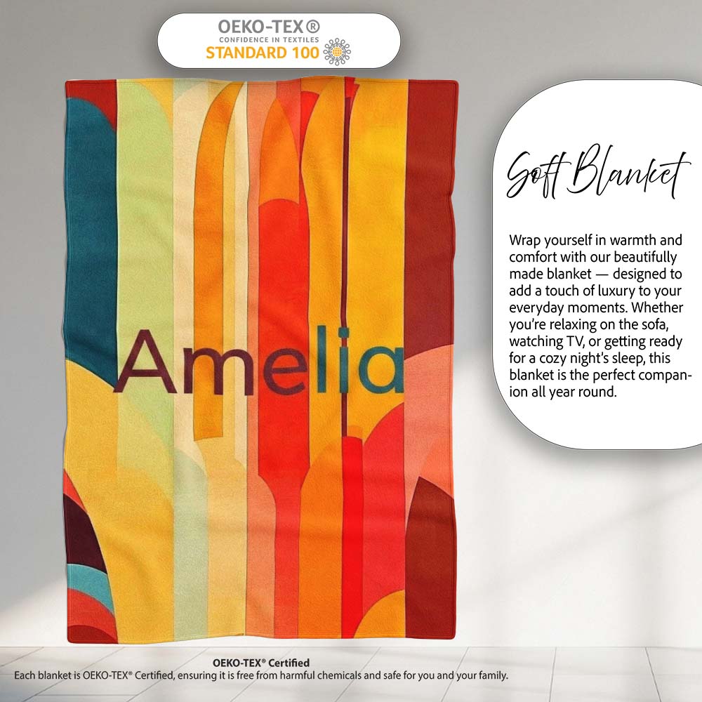 Abstract Geometric Curved Shape Vibrant Color Composition Seamless Personalised Custom Name Super Soft Fleece Blanket Bed Sofa Throw
