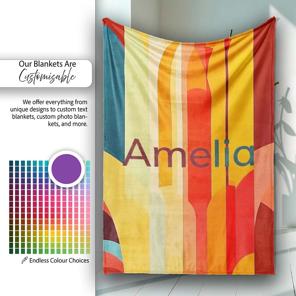 Abstract Geometric Curved Shape Vibrant Color Composition Seamless Personalised Custom Name Super Soft Fleece Blanket Bed Sofa Throw