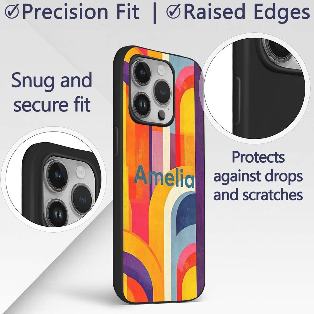 Abstract Geometric Curved Shapes Colorful Modern Custom Name Protective Phone Case Mobile Cover Durable Everyday Smartphone Shock Resistant