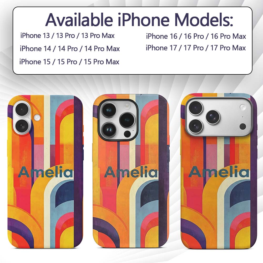 Abstract Geometric Curved Shapes Colorful Modern Custom Name Protective Phone Case Mobile Cover Durable Everyday Smartphone Shock Resistant