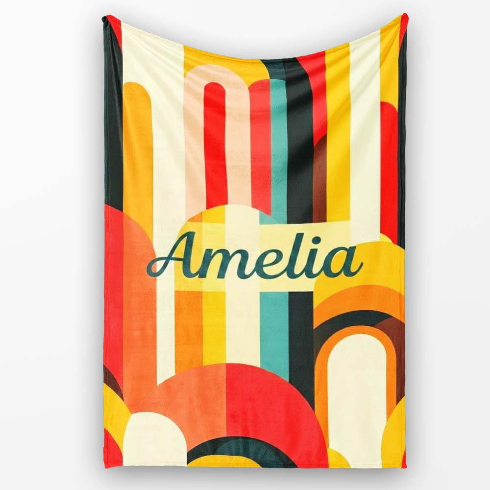 Abstract Curved Shapes Warm Sunset Color Layers Seamless Pattern Personalised Custom Name Super Soft Fleece Blanket Bed Sofa Throw