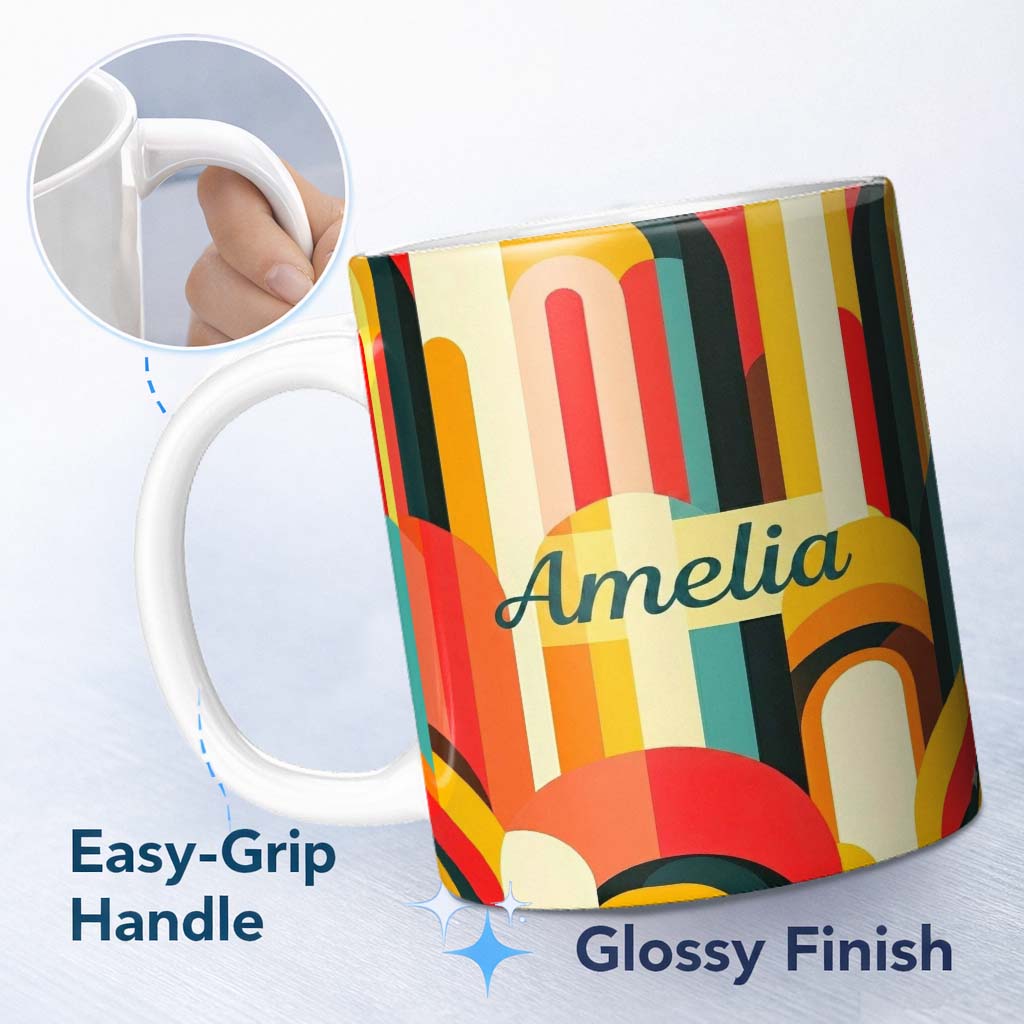 Personalized Custom Name Abstract Curved Shapes Warm Sunset Color Layers Seamless Pattern 11oz Ceramic Coffee Tea Mug White Large Handle