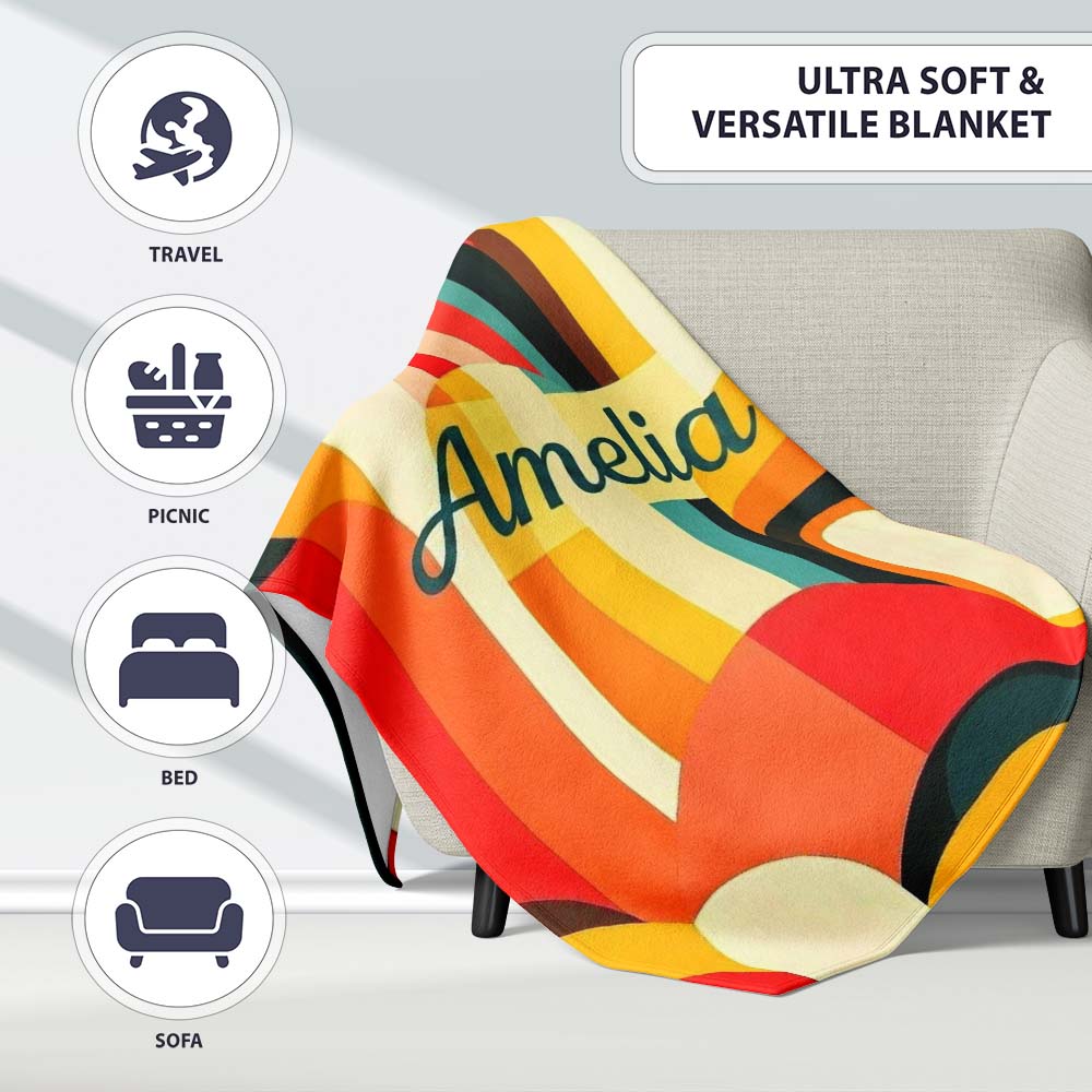Abstract Curved Shapes Warm Sunset Color Layers Seamless Pattern Personalised Custom Name Super Soft Fleece Blanket Bed Sofa Throw