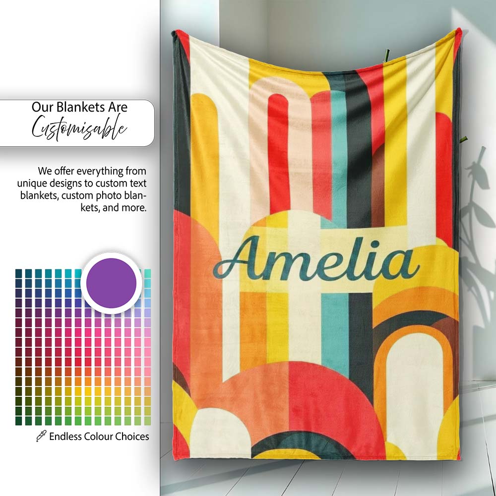 Abstract Curved Shapes Warm Sunset Color Layers Seamless Pattern Personalised Custom Name Super Soft Fleece Blanket Bed Sofa Throw