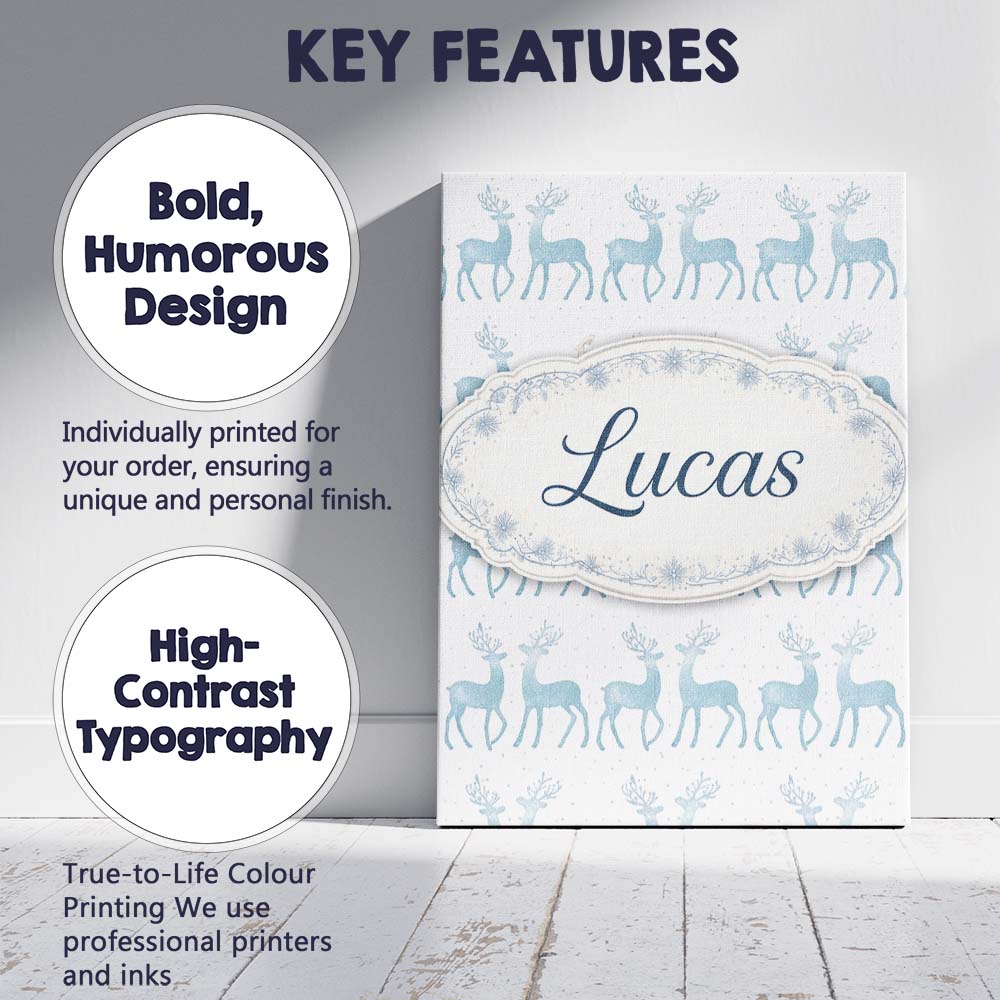 Personalised Name Blue Glitter Reindeer Christmas White Background Custom Unique Canvas Wall Art Print Decor Picture Ready to Hang