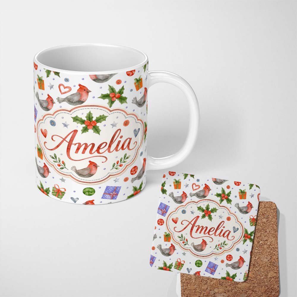 Personalized Custom Name Cute Cardinal Bird Holly Gift Heart Festive Seamless Pattern Lovely 11oz Ceramic Coffee Tea Mug White Large Handle
