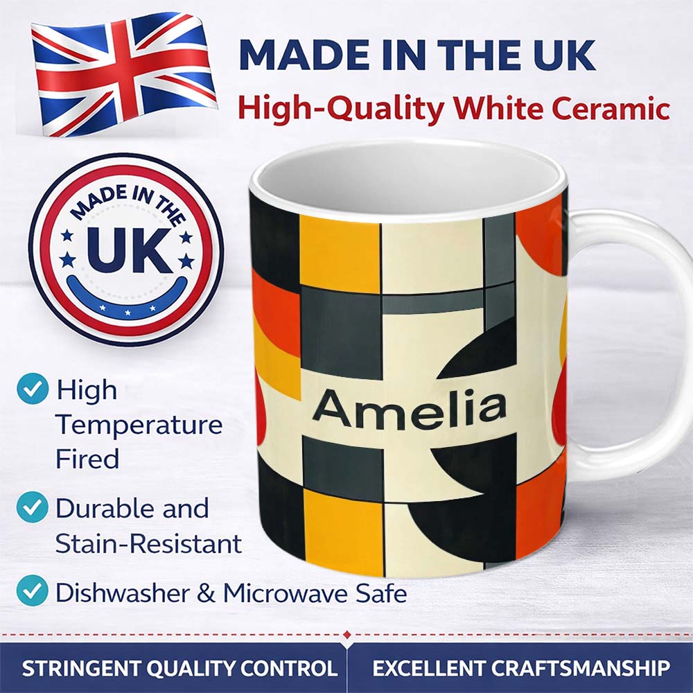 Personalized Custom Name Abstract Geometric Blocks Bold Primary Color Grid Modern Seamless 11oz Ceramic Coffee Tea Mug White Large Handle