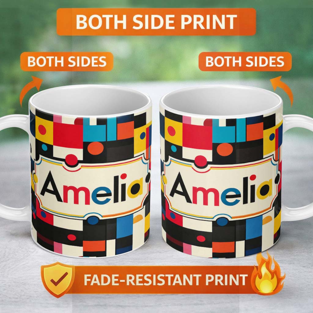Personalized Custom Name Abstract Colorful Geometric Shapes with Circles Modern Art Seamless 11oz Ceramic Coffee Tea Mug White Large Handle