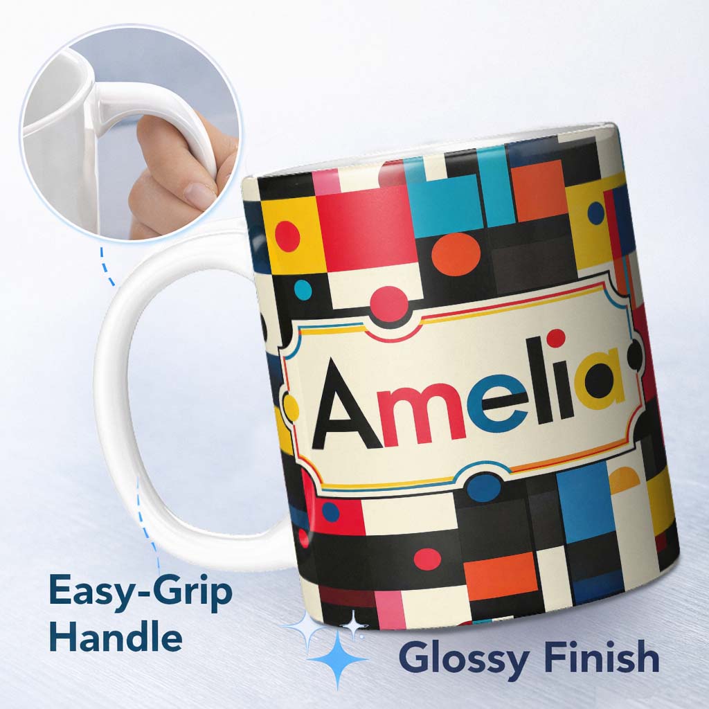 Personalized Custom Name Abstract Colorful Geometric Shapes with Circles Modern Art Seamless 11oz Ceramic Coffee Tea Mug White Large Handle