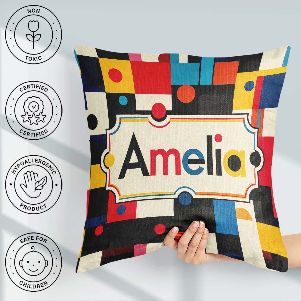 Custom Name Abstract Colorful Geometric Shapes with Art Seamless Square Filled Cushion Throw Pillow Sofa Bed Home Decor Zip Washable UK Made