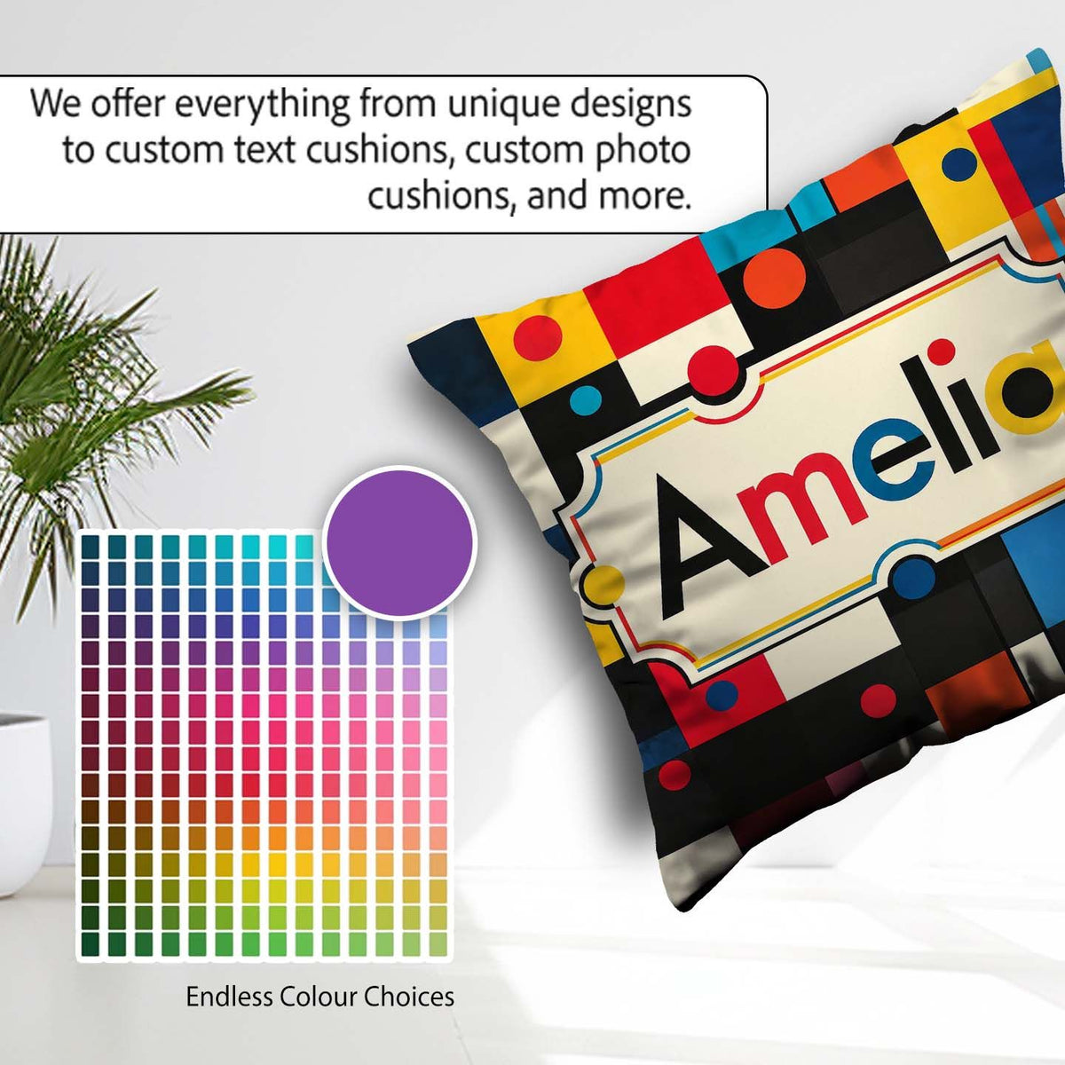 Custom Name Abstract Colorful Geometric Shapes with Art Seamless Square Filled Cushion Throw Pillow Sofa Bed Home Decor Zip Washable UK Made