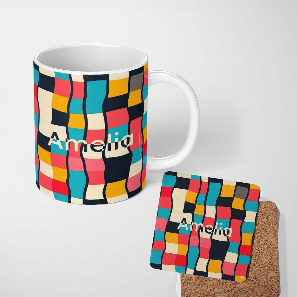 Personalized Custom Name Abstract Wavy Checkered Pattern Soft Pastel Color Blocks Seamless 11oz Ceramic Coffee Tea Mug White Large Handle