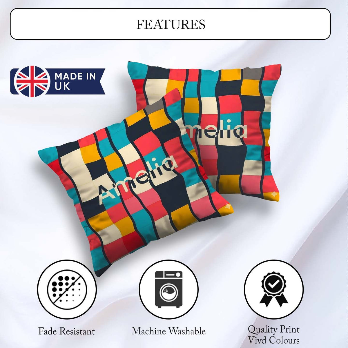 Custom Name Abstract Wavy Checkered Pattern Soft Pastel Seamless Square Filled Cushion Throw Pillow Sofa Bed Home Decor Zip Washable UK Made
