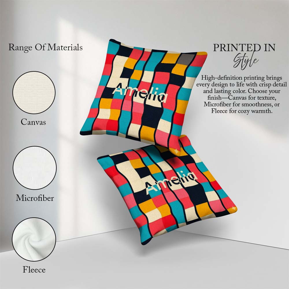 Custom Name Abstract Wavy Checkered Pattern Soft Pastel Seamless Square Filled Cushion Throw Pillow Sofa Bed Home Decor Zip Washable UK Made