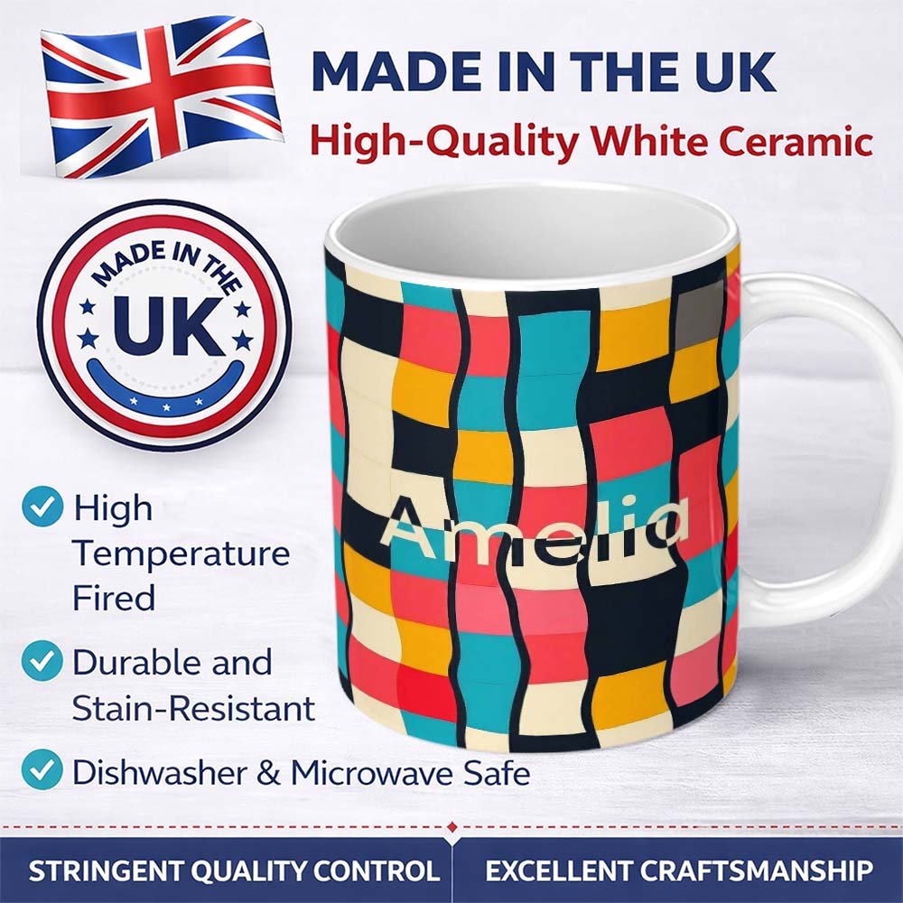 Personalized Custom Name Abstract Wavy Checkered Pattern Soft Pastel Color Blocks Seamless 11oz Ceramic Coffee Tea Mug White Large Handle