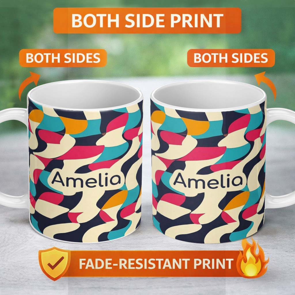 Personalized Custom Name Abstract Organic Flowing Shapes Vibrant Color Design Seamless 11oz Ceramic Coffee Tea Mug White Large Handle