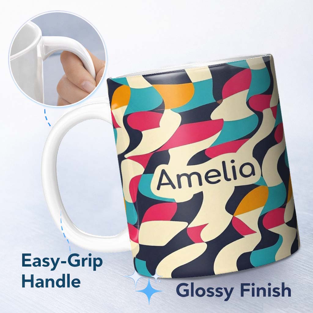 Personalized Custom Name Abstract Organic Flowing Shapes Vibrant Color Design Seamless 11oz Ceramic Coffee Tea Mug White Large Handle