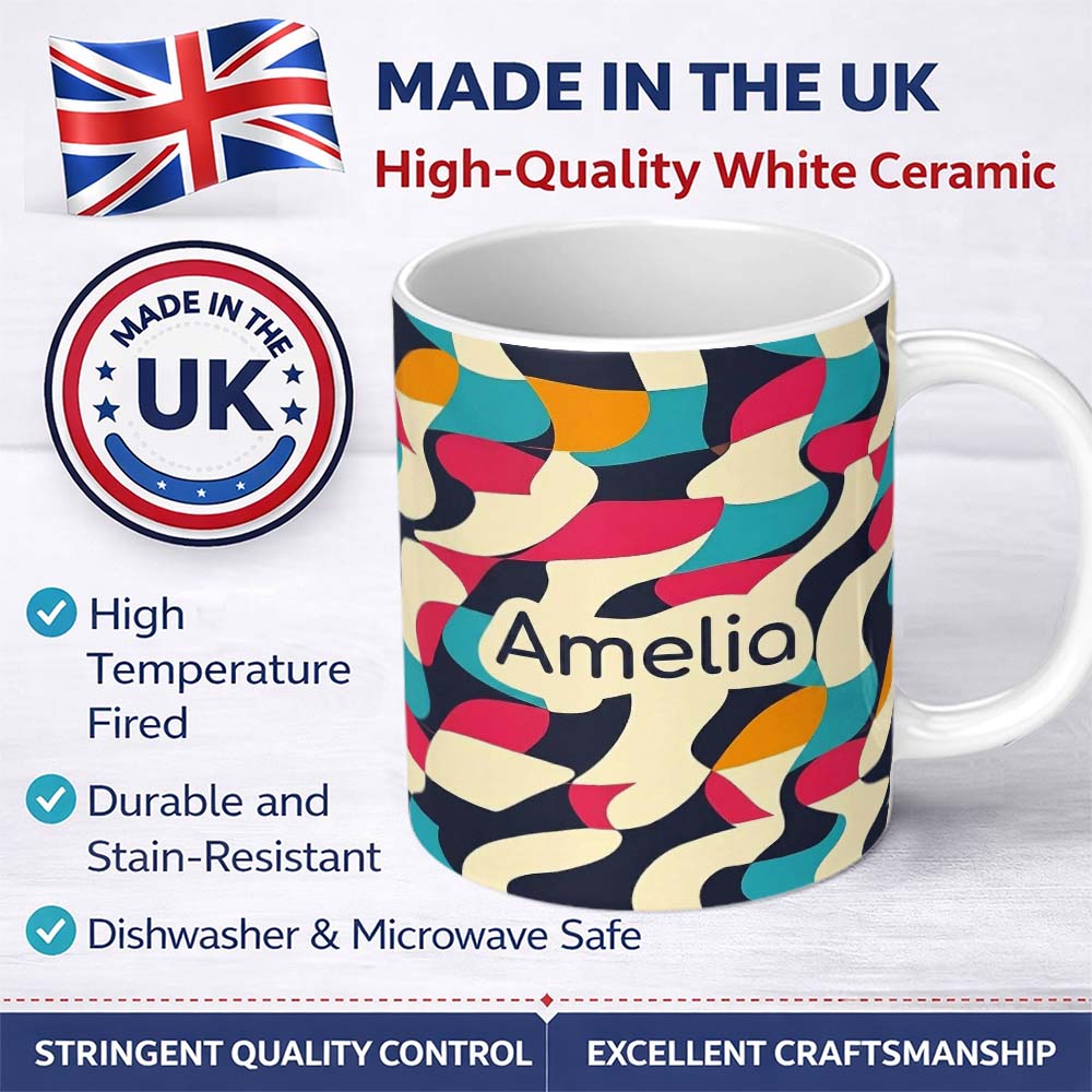 Personalized Custom Name Abstract Organic Flowing Shapes Vibrant Color Design Seamless 11oz Ceramic Coffee Tea Mug White Large Handle