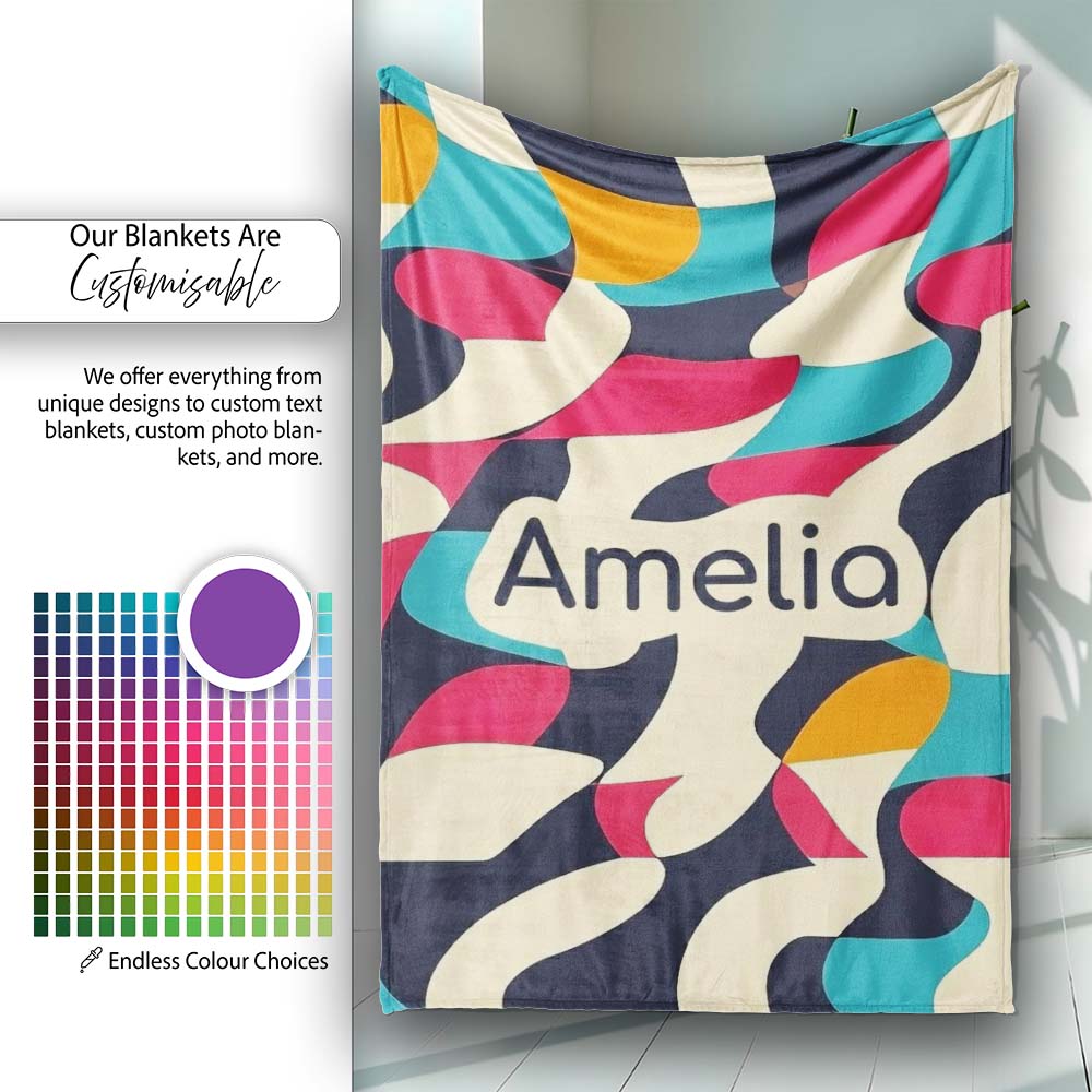 Abstract Organic Flowing Shapes Vibrant Color Design Seamless Personalised Custom Name Super Soft Fleece Blanket Bed Sofa Throw