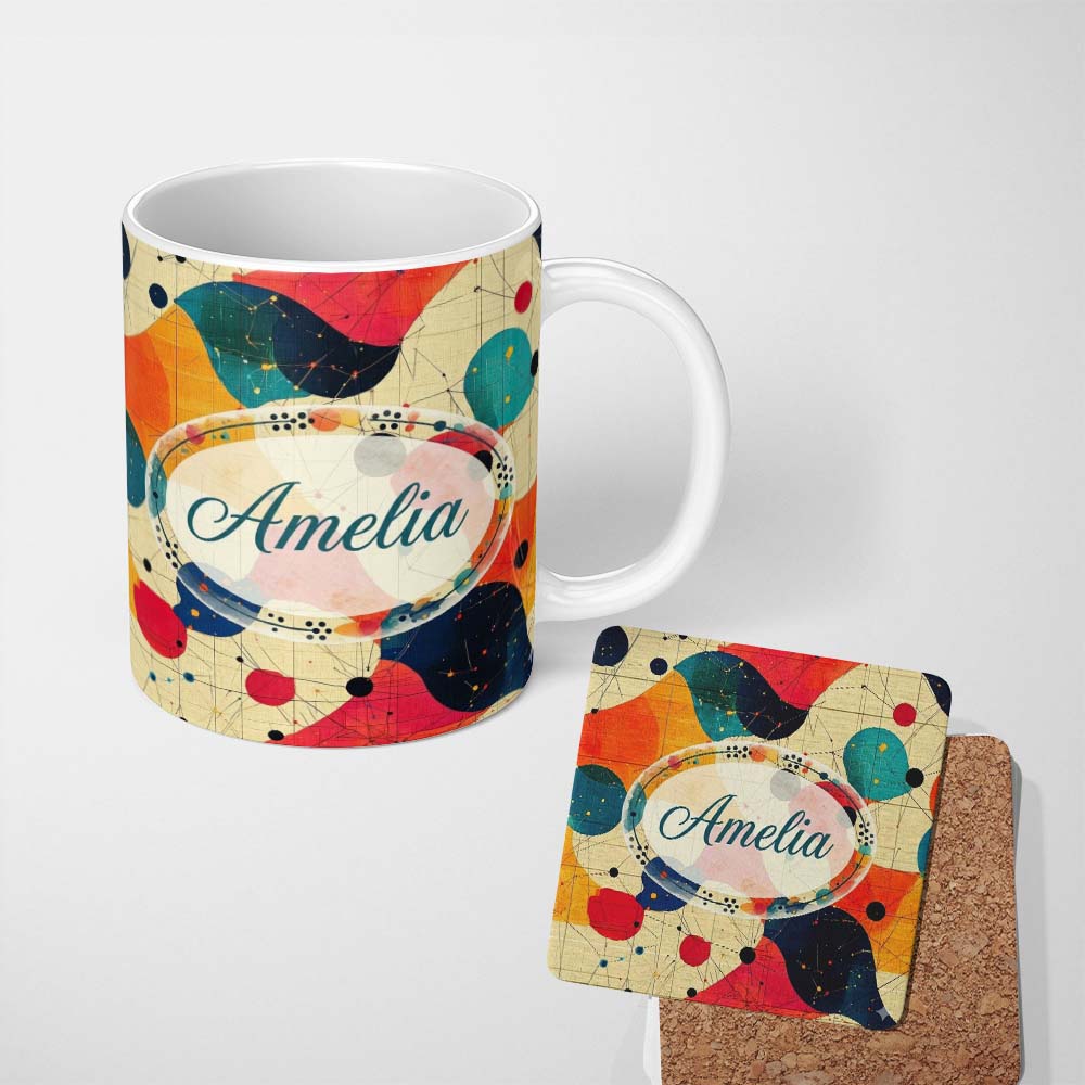 Personalized Custom Name Abstract Artistic Paint Splash with Line Details Modern Seamless 11oz Ceramic Coffee Tea Mug White Large Handle