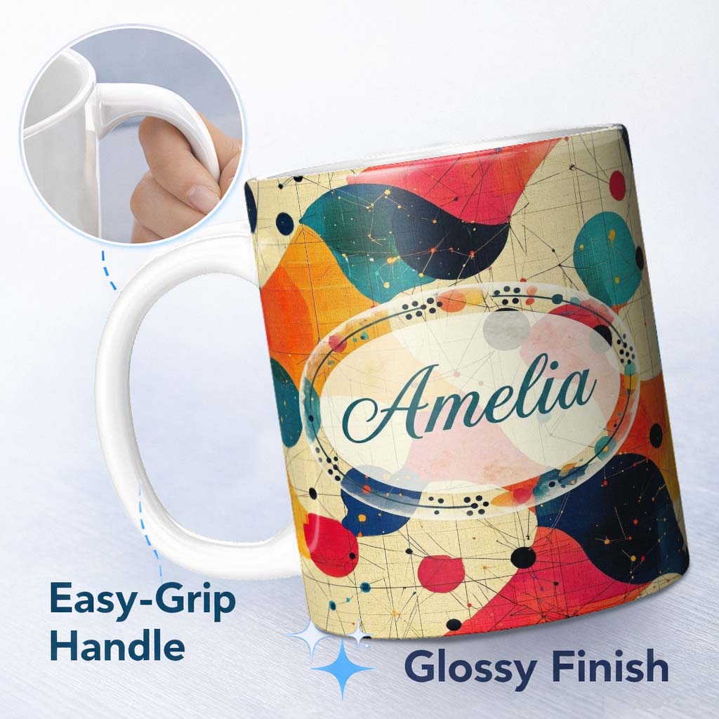 Personalized Custom Name Abstract Artistic Paint Splash with Line Details Modern Seamless 11oz Ceramic Coffee Tea Mug White Large Handle