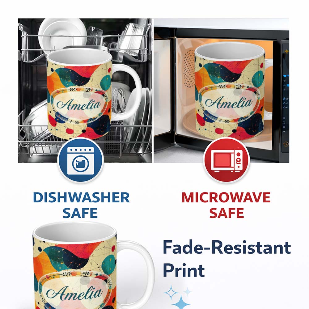Personalized Custom Name Abstract Artistic Paint Splash with Line Details Modern Seamless 11oz Ceramic Coffee Tea Mug White Large Handle