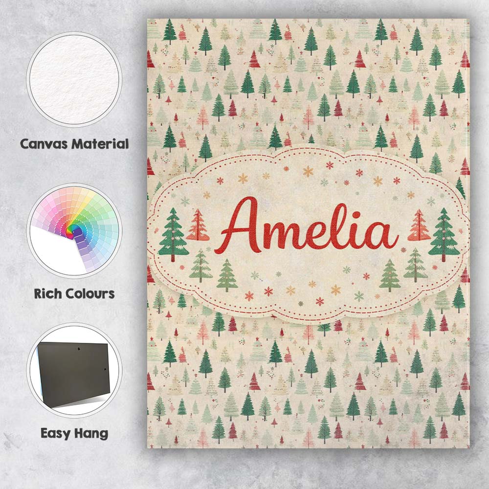 Personalised Name Soft Neutral Christmas Forest Trees Seamless Custom Modern Room Accent Canvas Wall Art Print Decor Picture Ready to Hang